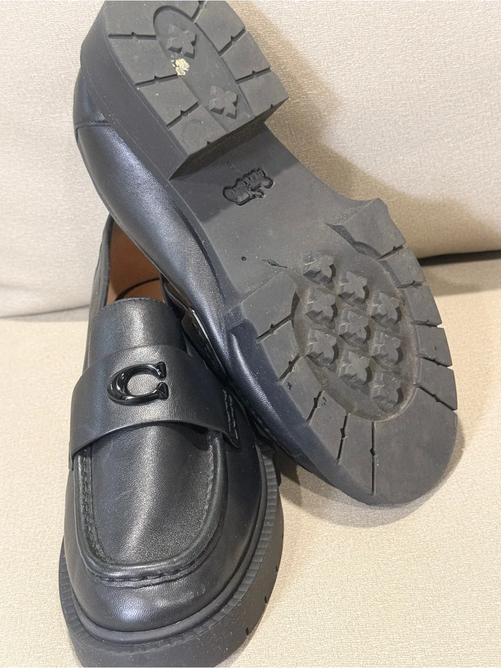 Coach Men's Black Leather Loafers with Glossy C Accent